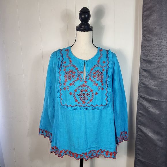 J. CREW Blue Red Floral Embroidered Linen Pesant Tunic Size Medium NWT - Picture 2 of 5